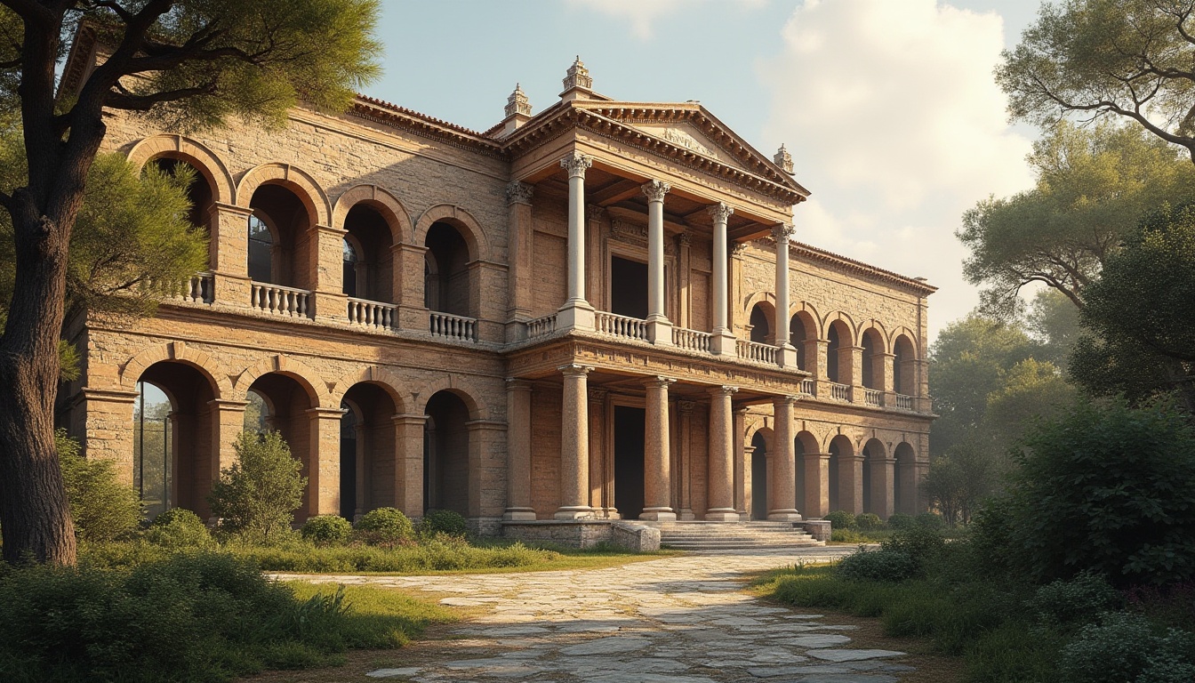 Prompt: Classic building, ancient Greece-inspired architecture, brick material, rustic texture, earthy color tone, ornate columns, grand entrance, symmetrical composition, warm afternoon sunlight, subtle shadows, depth of field, historical landmark, Roman-style arches, weathered stone walls, lush greenery surrounding, gentle mist atmosphere.