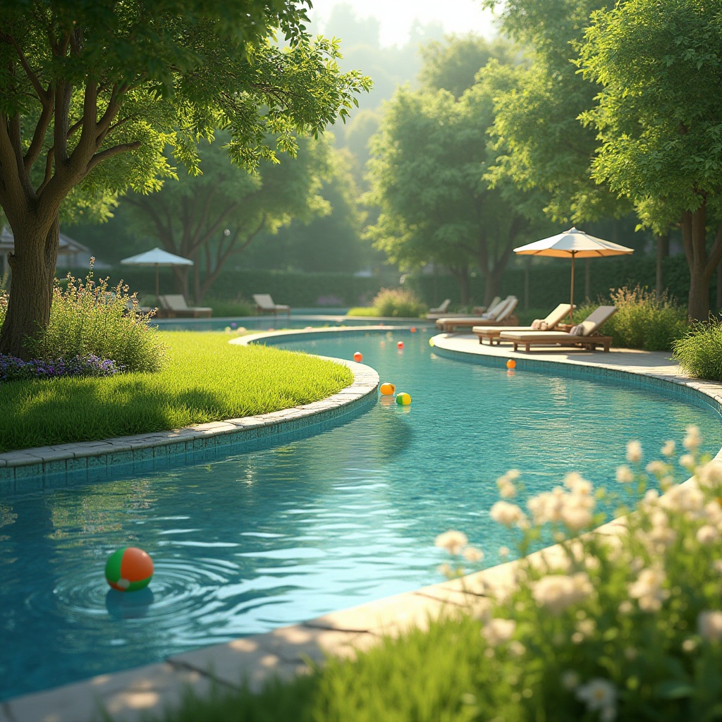 Prompt: Summer park scenery, vibrant green grass, integrating swimming pools, modern infinity pool design, crystal clear water, gentle ripples, sun-kissed deck chairs, colorful beach balls, lush trees providing shade, beautiful blooming flowers, winding walking path, natural stone pavement, tranquil atmosphere, warm sunlight, soft focus background, 3/4 composition, shallow depth of field, realistic rendering.