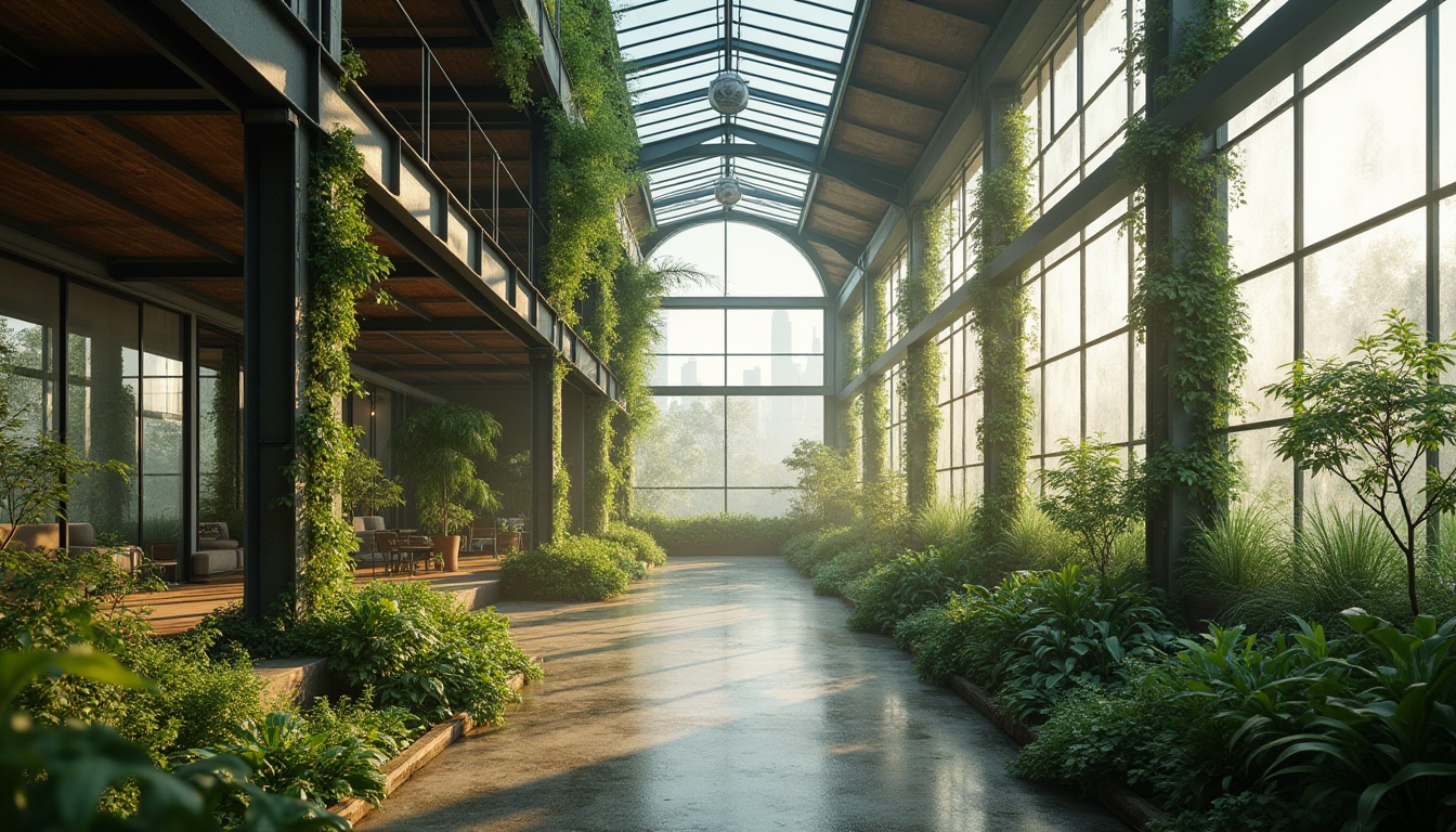 Prompt: Modern warehouse, green architecture style, lush rooftop garden, abundant natural light, large skylights, solar panels, recycled materials, steel beams, wooden accents, vibrant green walls, living plants, trees, industrial chic decor, urban landscape, city skyline view, morning dew, misty atmosphere, warm ambient lighting, 3/4 composition, soft focus, shallow depth of field.