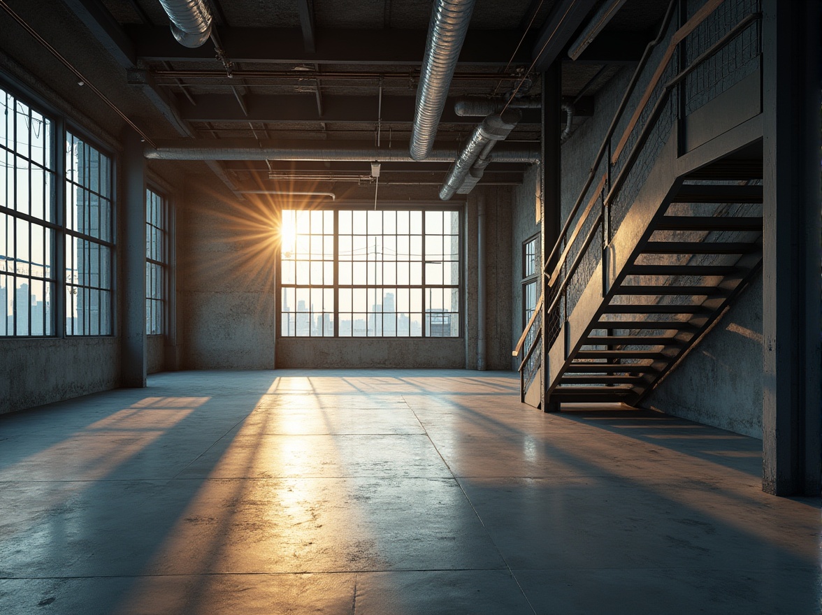 Prompt: industrial interior, modern architecture, steel beams, exposed ductwork, metal staircase, polished concrete floor, minimalist decor, urban loft, cityscape view, afternoon sunlight, dramatic shadows, low-angle shot, cinematic composition, metallic texture, reflective surface, sleek lines, industrial chic, urban decay.