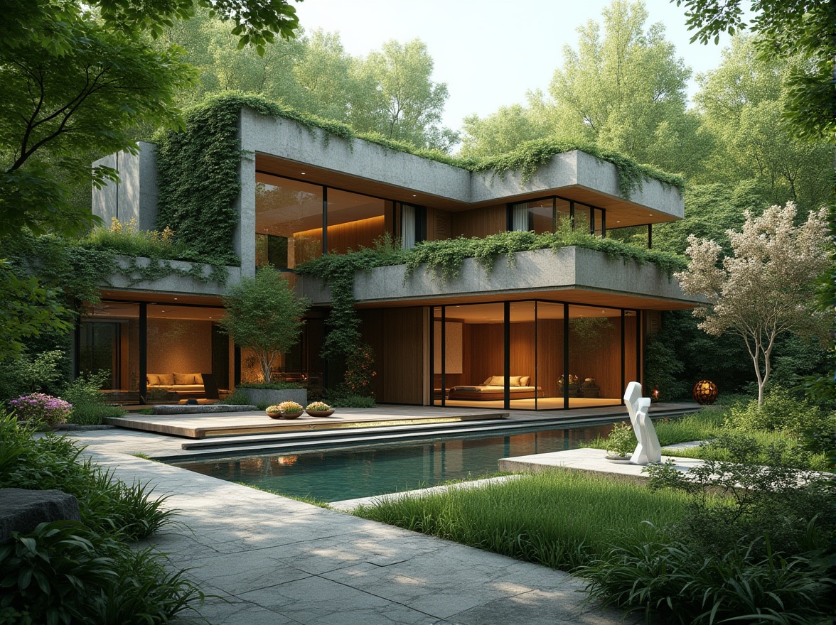 Prompt: Integrating Nature with Bauhaus Design, modern villa, surrounded by lush green forest, large windows, minimalist decoration, sleek lines, geometric shapes, natural materials, wooden floors, stone walls, living plants integrated into architecture, vines crawling up exterior walls, blooming flowers in planters, abstract sculptures in garden, water features, small pond, fountain, geometric-shaped trees, dramatic lighting, high contrast, bold colors, abstract composition, 3/4 view, cinematic mood, futuristic ambiance.