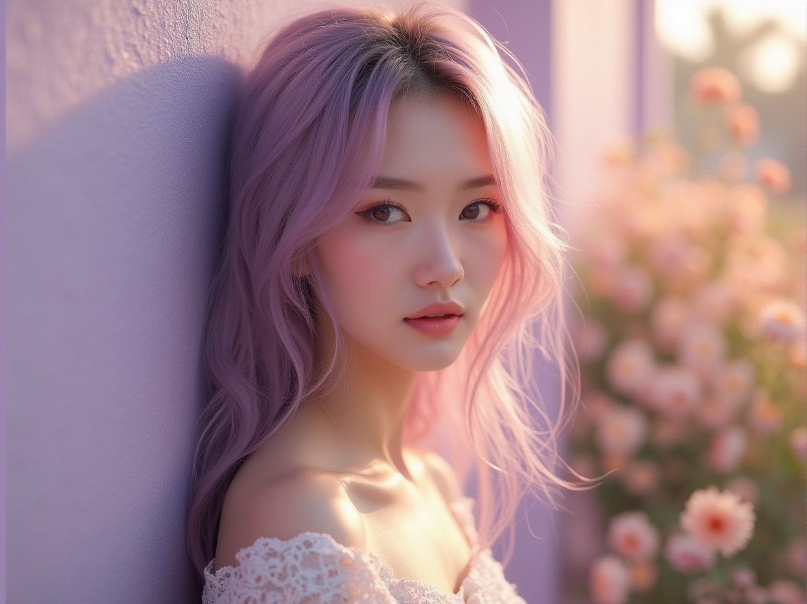 Prompt: Lilac-colored hair, gentle waves, loose strands framing face, soft focus, dreamy eyes, subtle blush, delicate features, feminine nose ring, elegant lace blouse, flowy maxi skirt, flat sandals, relaxed posture, leaning against a lilac-painted wall, warm sunlight casting a soft glow, pastel-colored flowers in the background, gentle breeze rustling petals, peaceful atmosphere, shallow depth of field, cinematic composition, natural lighting.