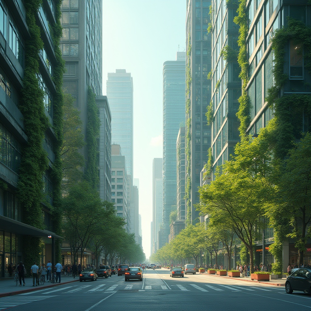 Prompt: Urban cityscape, modern skyscrapers, light green accents, neon lights, glass windows, steel beams, concrete pavement, busy streets, pedestrian crossing, street lamps, greenery walls, vines crawling up buildings, flower planters, bicycle lanes, sunny afternoon, soft natural light, 3/4 composition, shallow depth of field, vibrant city life.