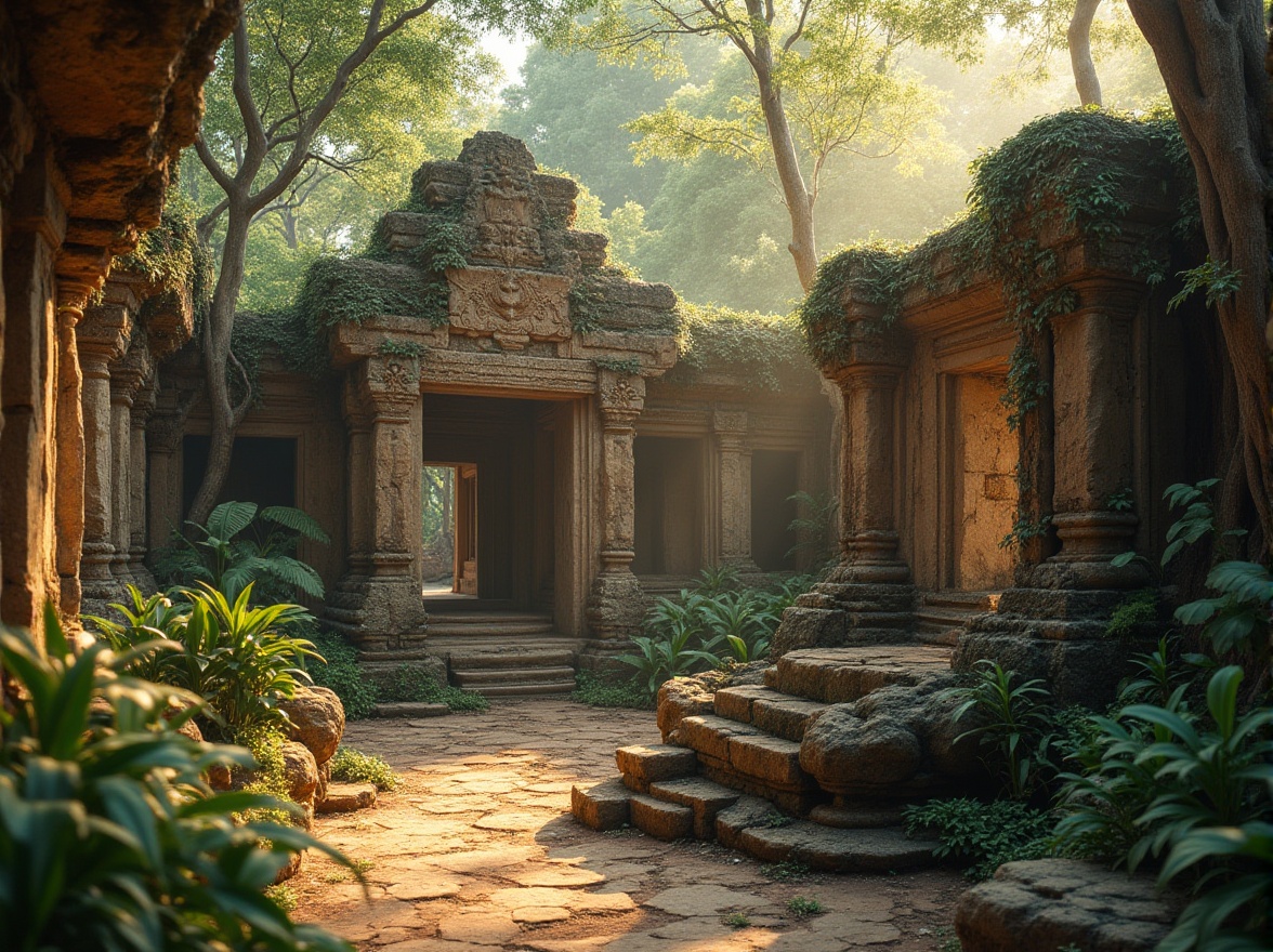 Prompt: Sandstone material, architectural element, building facade, rustic texture, warm beige color, natural pattern, ornate carvings, ancient ruins, abandoned temple, jungle surroundings, vines crawling up walls, exotic plants, misty atmosphere, warm sunlight filtering through trees, 3/4 composition, shallow depth of field, cinematic lighting, ambient occlusion.