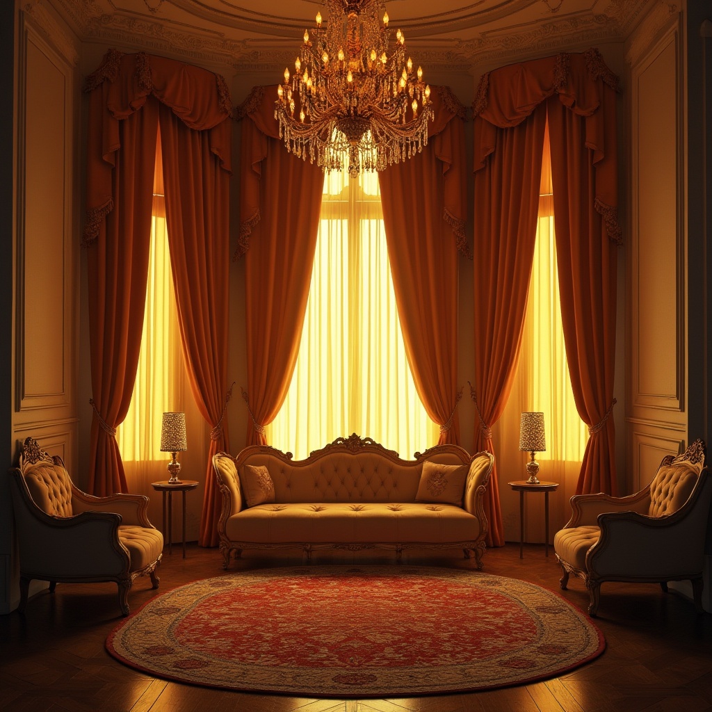 Prompt: Elegant interior, classic style, ornate chandelier, crystal drops, warm yellow lighting, velvet curtains, luxurious sofa, carved wooden furniture, richly patterned rug, intricate wall moldings, soft ambient glow, 3/4 composition, low-angle shot, cinematic lighting, warm color tone, cozy atmosphere.