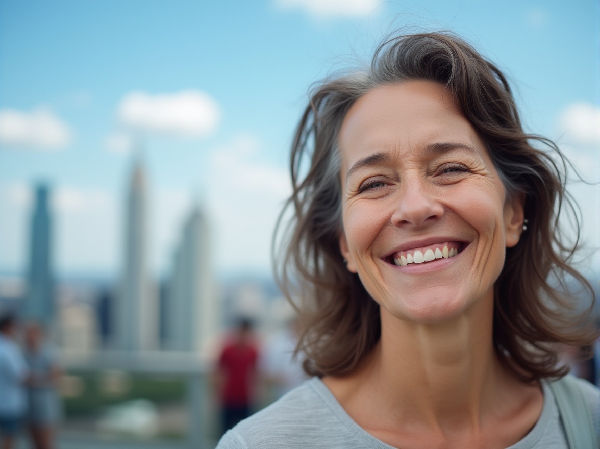 Prompt: A mature lady, smiling, warm facial expression, wavy brown hair, minimal makeup, casual clothing, comfortable walking shoes, standing, observing, skyscraper, urban cityscape, daytime, clear blue sky, few white clouds, panoramic view, people in the background, subtle facial close-up, soft natural lighting, realistic atmosphere.