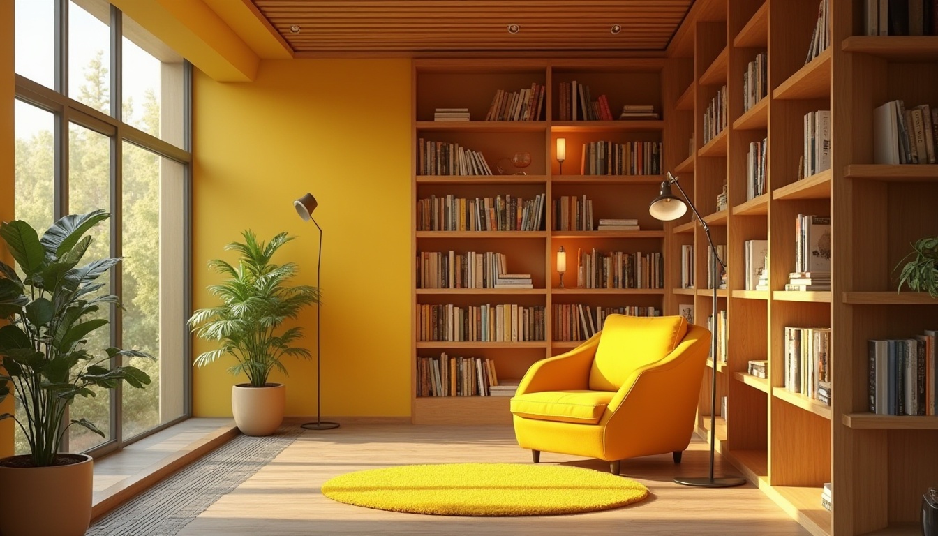 Prompt: Cozy library interior, yellow accent walls, wooden bookshelves, comfortable reading nook, plush yellow armchair, soft warm lighting, floor lamps, yellow rug, minimalist decorations, calm atmosphere, natural light pouring in through large windows, green plants on tables, modern architecture, bright and airy feel, 3/4 composition, shallow depth of field.