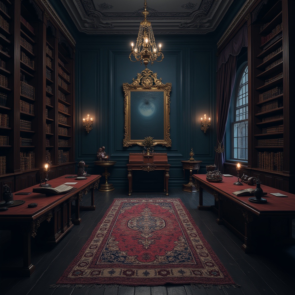 Prompt: Dark academia, gothic interior, navy blue walls, ornate gold frames, mysterious dim lighting, heavy velvet drapes, intricate wooden furniture, luxurious rich textures, Baroque architecture, grandiose chandelier, mysterious ancient artifacts, old leather-bound books, eerie atmosphere, dramatic shadows, warm candlelight, mysterious ambiance.