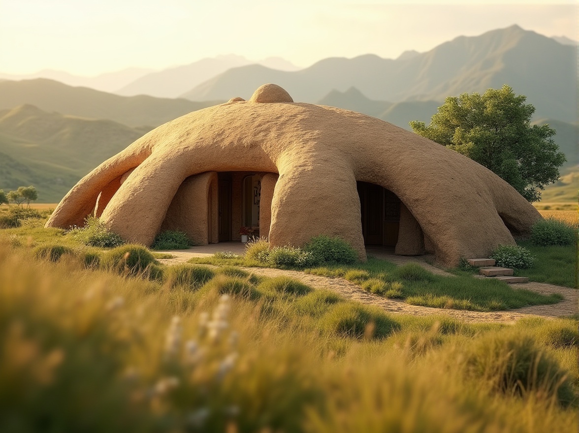 Prompt: Earth architecture, sustainable building, natural material, rammed earth structure, sturdy texture, brown color tone, eco-friendly, environmentally conscious, rural setting, rolling hills, greenery surroundings, warm sunlight, soft focus, shallow depth of field, serene atmosphere, peaceful composition.