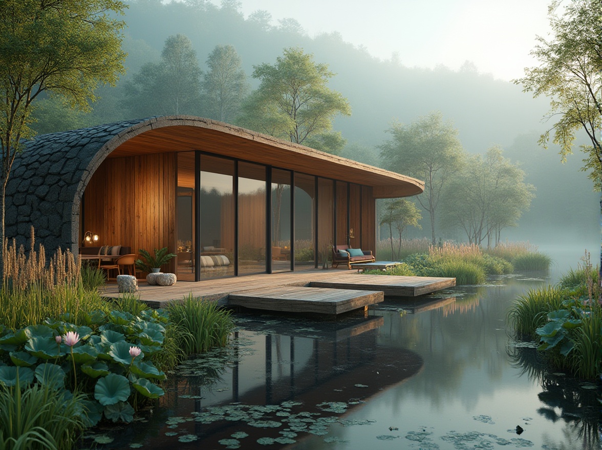 Prompt: Wetland architecture, modern eco-friendly building, bronze color accents, natural stone walls, large glass windows, curved wooden beams, lush greenery, misty fog, serene atmosphere, shallow water reflection, wooden dock, lotus flowers, cattails, soft morning light, warm ambient glow, 3/4 composition, cinematic mood.