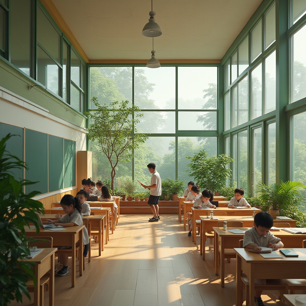 Prompt: Modern school building, sustainable design, green architecture, fiberglass roofing, translucent panels, natural light, energy-efficient, eco-friendly, minimalist interior, wooden furniture, green walls, potted plants, educational atmosphere, students learning, teacher instructing, blackboard, chalk, pencils, books, desks, chairs, natural colors, earthy tones, soft indirect lighting, warm ambiance, 3/4 composition, shallow depth of field, slightly overexposed background, subtle texture.