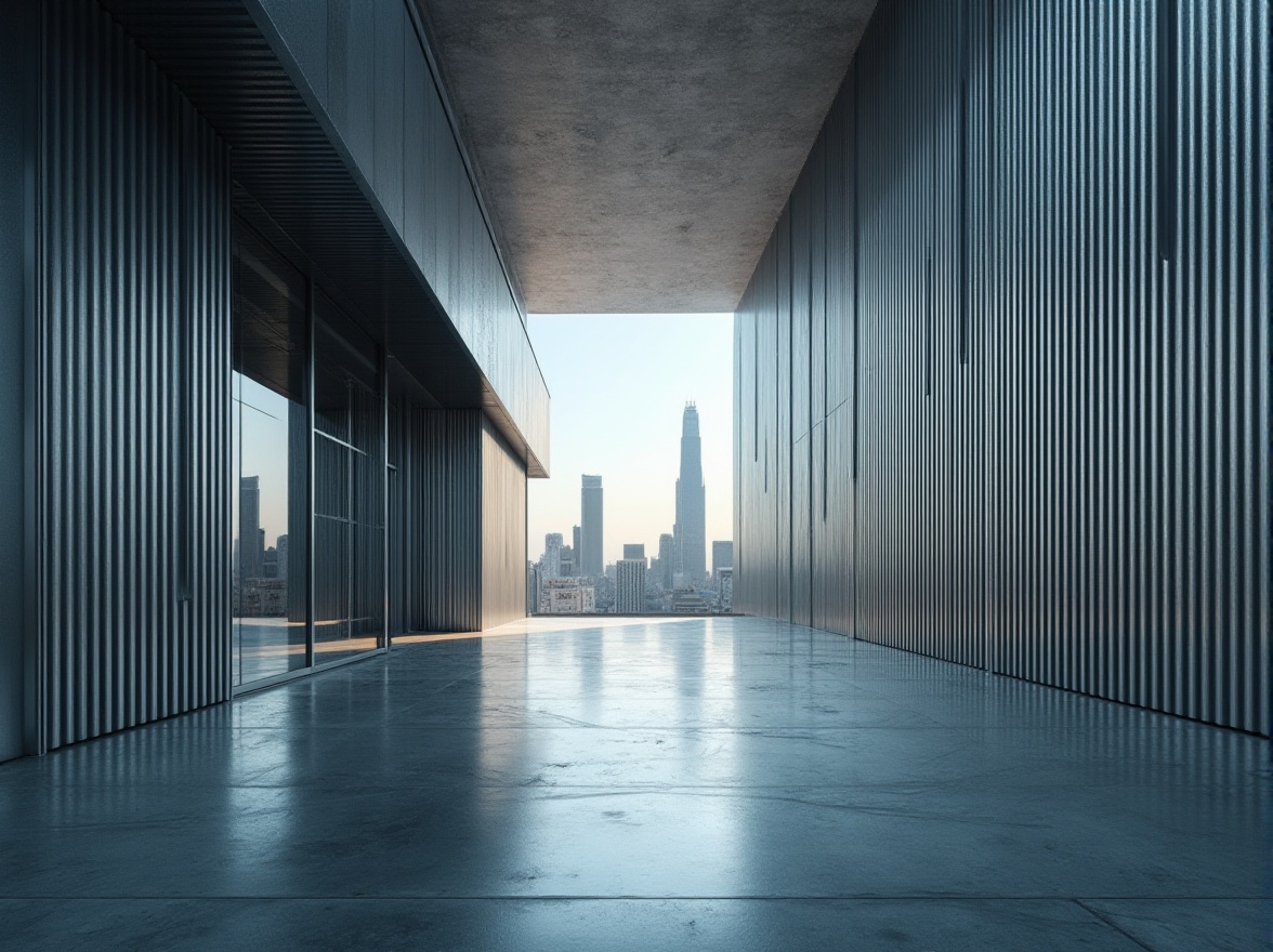 Prompt: Modern architecture, corrugated iron wall, industrial chic, urban landscape, cityscape, skyscraper, concrete floor, metallic texture, silver color, reflective surface, minimalist decor, interior design, futuristic ambiance, low-angle shot, dramatic lighting, cinematic composition, high contrast, bold geometric shapes.