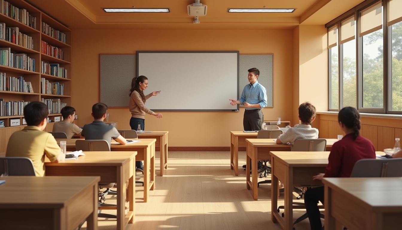 Prompt: Educational space, interior design, brown color scheme, wooden tables, ergonomic chairs, bookshelves, whiteboards, softbox lights, warm atmosphere, calm mood, students studying, teachers instructing, natural materials, earthy tones, minimal decor, functional layout, 3/4 composition, soft focus, realistic rendering.