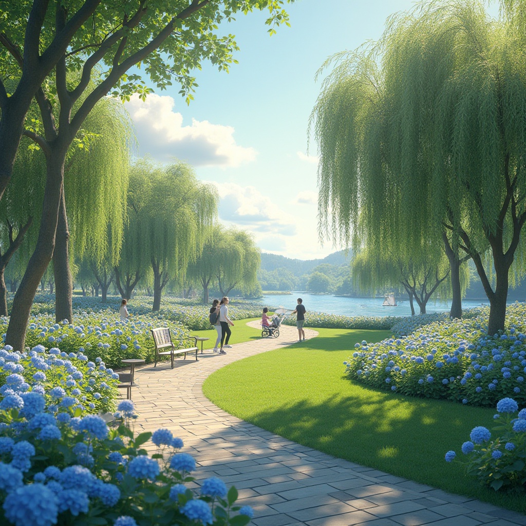 Prompt: Light blue themed park, vibrant flower beds, lush green grass, winding stone paths, children playing tag, mothers pushing strollers, gentle afternoon sun, soft cloud filter, warm ambient light, serene atmosphere, modern minimalist benches, sleek metal railings, blooming light blue hydrangeas, delicate forget-me-nots, picturesque willow trees, tranquil lake in the background, sailboats drifting lazily, 3/4 composition, natural bokeh effect.