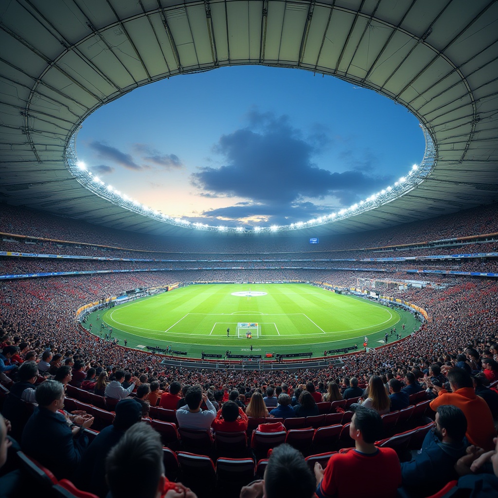 Prompt: Modern stadium, polyethylene material, strong structural columns, white roofing membrane, durable seats, vibrant color scheme, evening game atmosphere, bright floodlights, excited crowd, 3/4 composition, low-angle shot, dramatic lighting, dynamic movement.