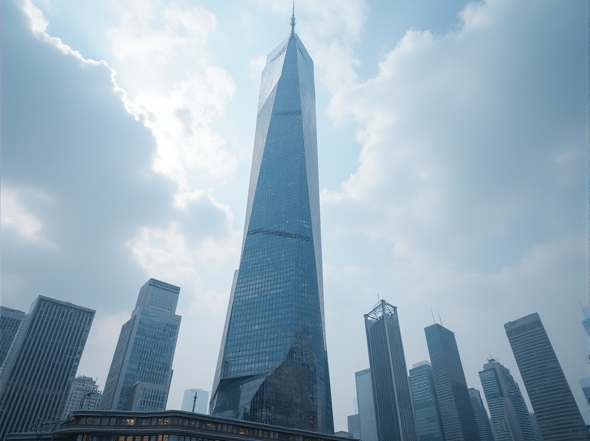 Prompt: Modern skyscraper, urban landscape, cityscape, steel frame structure, glass curtain wall, futuristic design, sleek lines, angular shape, reflective surface, plasticrete material, textured facade, concrete foundation, towering high-rise, metropolitan area, cloudy sky, daytime, soft natural light, 3/4 composition, low-angle shot.