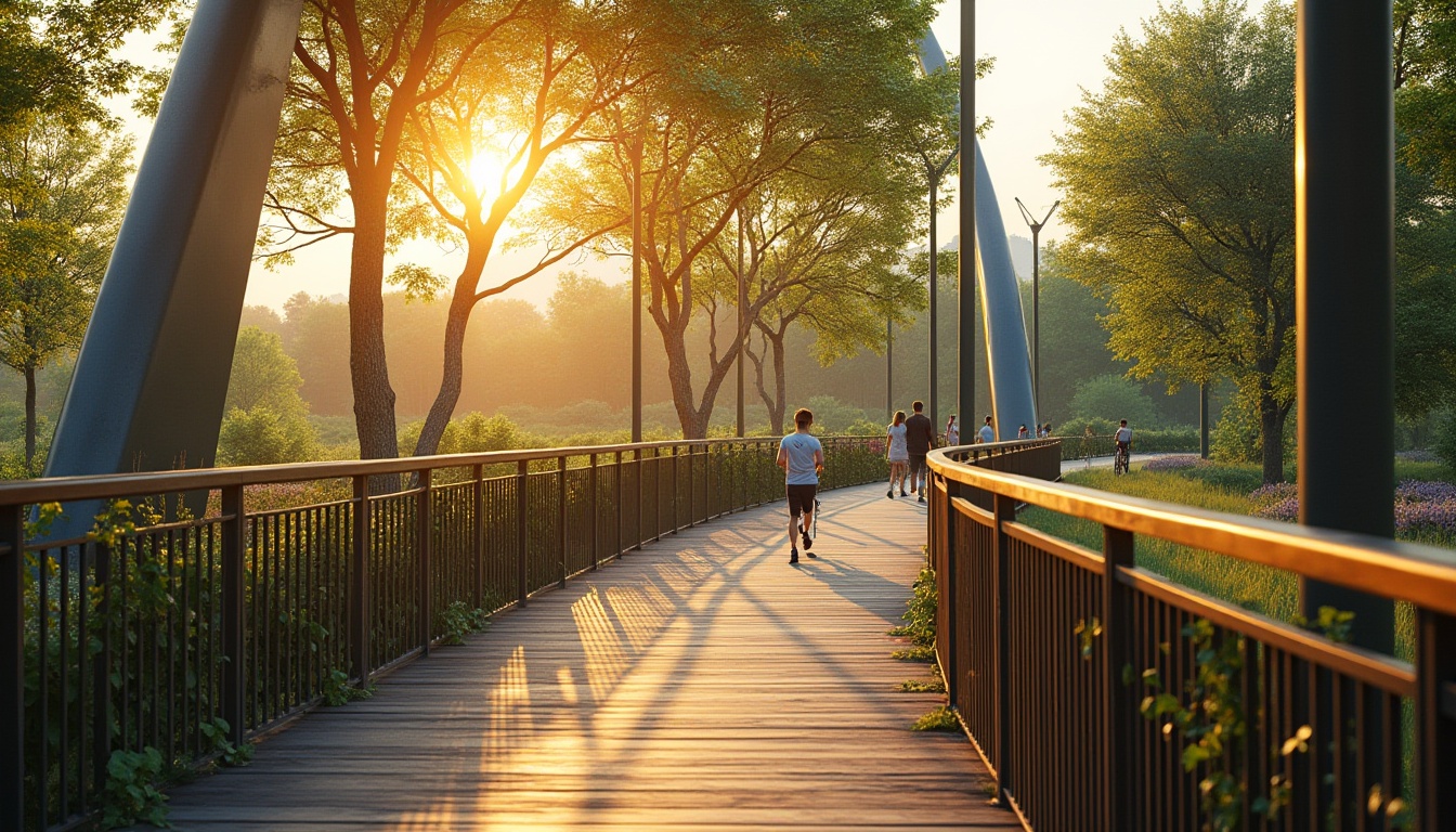 Prompt: Pedestrian bridge, modern design, sleek metal structure, wooden plank floor, railings with vines, park landscape, serene atmosphere, sunset time, warm golden light, lush greenery, tall trees, colorful flowers, walking trail, winding path, scenic overlook, people strolling, joggers, cyclists, children playing, laughing, birds singing, gentle breeze, soft rustling leaves, natural textures, harmonious colors, 3/4 composition, cinematic depth of field.