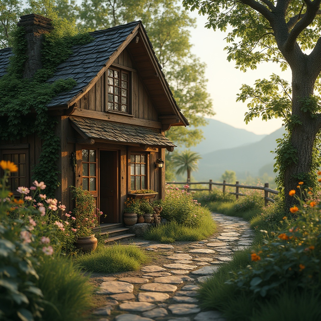 Prompt: Rustic rural setting, blending design with nature, wooden cottage, greenery surrounded, vine-covered walls, blooming wildflowers, winding stone path, natural materials, earthy tones, warm lighting, cozy atmosphere, serene landscape, distant mountains, misty morning, soft focus, cinematic composition, shallow depth of field, warm color palette, foliage-rich environment, traditional farming tools, vintage decor.