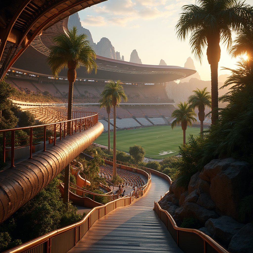 Prompt: Savanna stadium, futuristic architecture, copper accents, metallic sheen, intricate patterns, ornate details, curved lines, modern seating area, greenery surroundings, tropical trees, palm fronds swaying gently, warm sunlight, high-angle shot, atmospheric perspective, vibrant colors, dynamic composition, abstract shapes, copper pipes, industrial textures, sleek rails, LED lighting, stadium lights, evening atmosphere, soft glow.