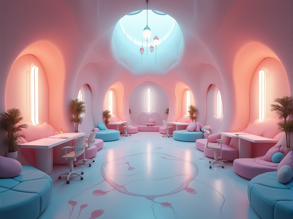 Prompt: Blob-inspired dormitory, futuristic ambiance, rounded corners, irregular shapes, soft pastel colors, glowing neon accents, cozy communal lounge area, puffy cloud-like sofas, abstract art installations, whimsical chandeliers, wavy floor patterns, minimalist desks with ergonomic chairs, translucent glass partitions, foggy atmosphere, dreamy ambient lighting, 3/4 composition, panoramic view, cinematic mood.