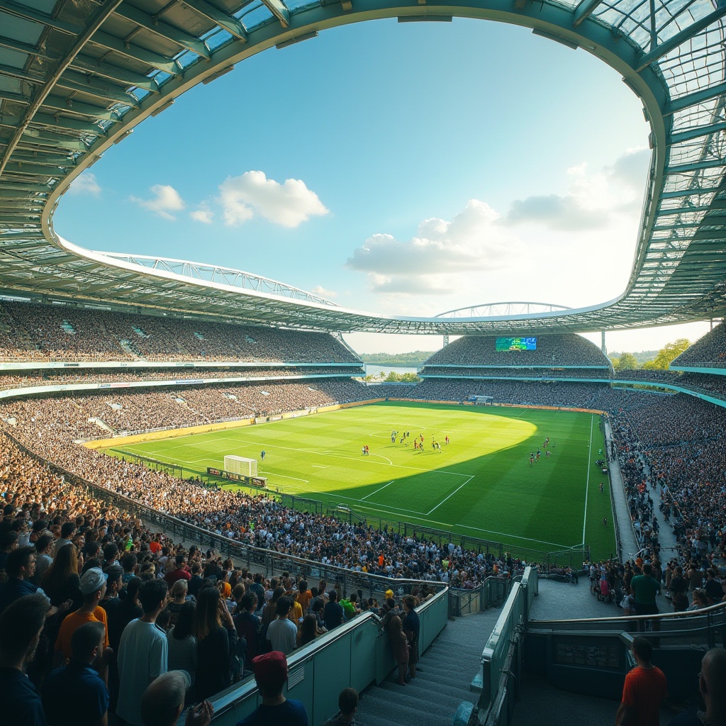 Prompt: Lakefront soccer stadium, modern architecture, grandstand seating, green roof, reflective glass, steel beams, waterfront location, lake views, surrounding trees, sunny day, clear blue sky, few puffy clouds, gentle breeze, ambient light, panoramic view, 3/4 composition, warm colors, vibrant atmosphere, lively crowd, players in action, ball in mid-air, stadium lights, evening game, soft focus on background.