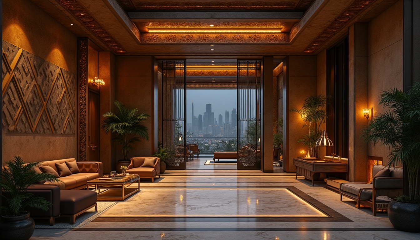 Prompt: Bronze accents, eclectic urban design, luxurious modern villa, night scene, warm golden lighting, bronze metallic texture, intricate patterns, ornate decorations, fusion of industrial and art deco styles, complex geometric shapes, bold architectural lines, grand entrance, high ceilings, marble floors, lavish furnishings, urban jungle background, cityscape view, skyscrapers in distance, misty atmosphere, cinematic composition, low-key lighting, 3/4 view.