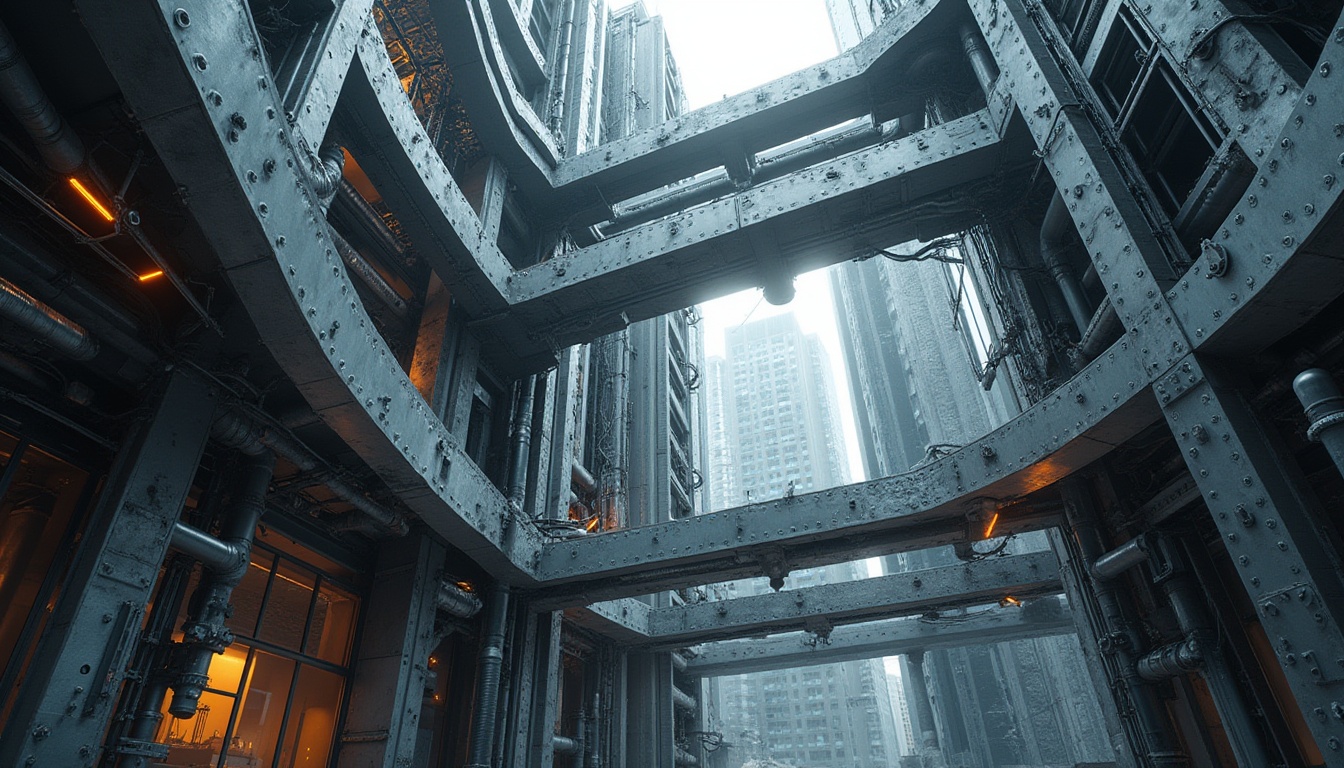 Prompt: industrial, modern, steel, metal, sleek, minimalist, futuristic, abstract, geometric, mechanical, robotic, shiny, reflective, silver, grey, urban, cityscape, skyscraper, brutalist, architecture, building, structure, pillars, beams, frames, rivets, bolts, nuts, complex, intricate, detailed, metallic, machinery, engines, gears, pipes, tubes, wires, circuits, futuristic, high-tech, sci-fi, neon lights, backlight, dramatic lighting, low-angle shot, dynamic composition.