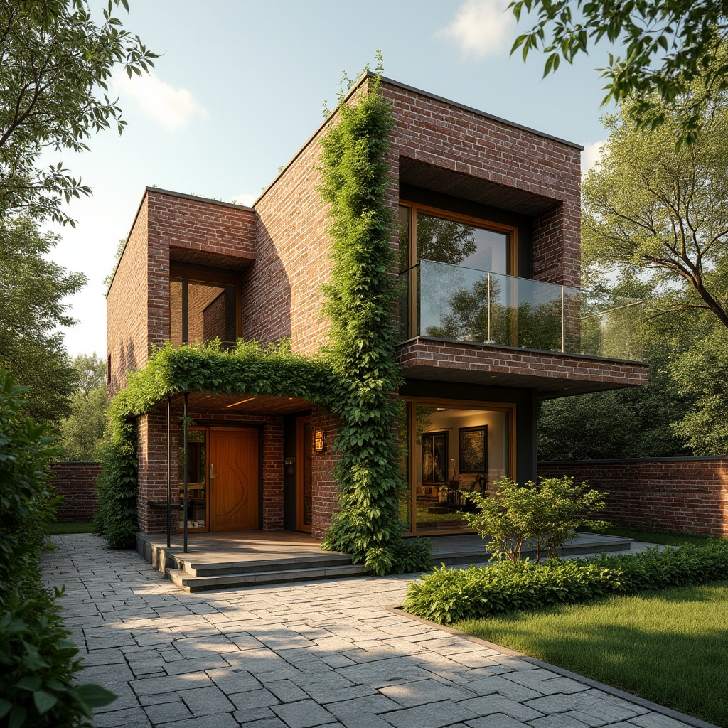 Prompt: Architectural design, brick material, modern villa, exterior, daytime, sunny weather, warm light, geometric structure, rectangular shape, straight lines, brown-red brick walls, greenery vines crawling up the facade, large glass windows, wooden door, stone pavement, surrounding trees with lush foliage, natural scenery, 3/4 composition, low-angle shot, dramatic lighting, HDR.