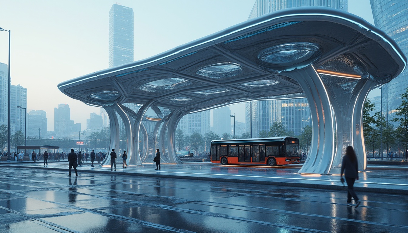 Prompt: Futuristic bus station, steel-framed structure, modern architecture, sleek lines, silver metallic finish, glass roofs, LED lights, futuristic ambiance, cityscape background, urban landscape, daytime, soft natural light, shallow depth of field, cinematic composition, 3/4 angle shot, low-angle view.