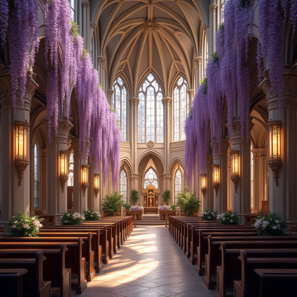 Prompt: Purple wisteria flowers, cascading down, elegant church design, grand cathedral interior, high ceiling, stained glass windows, intricate stone carvings, ornate chandeliers, wooden pews, soft golden lighting, serene atmosphere, solemn ambiance, beautiful floral arrangements, delicate petals, lush greenery, subtle fragrance, warm natural light, 3/4 composition, shallow depth of field, cinematic mood, romantic tone.