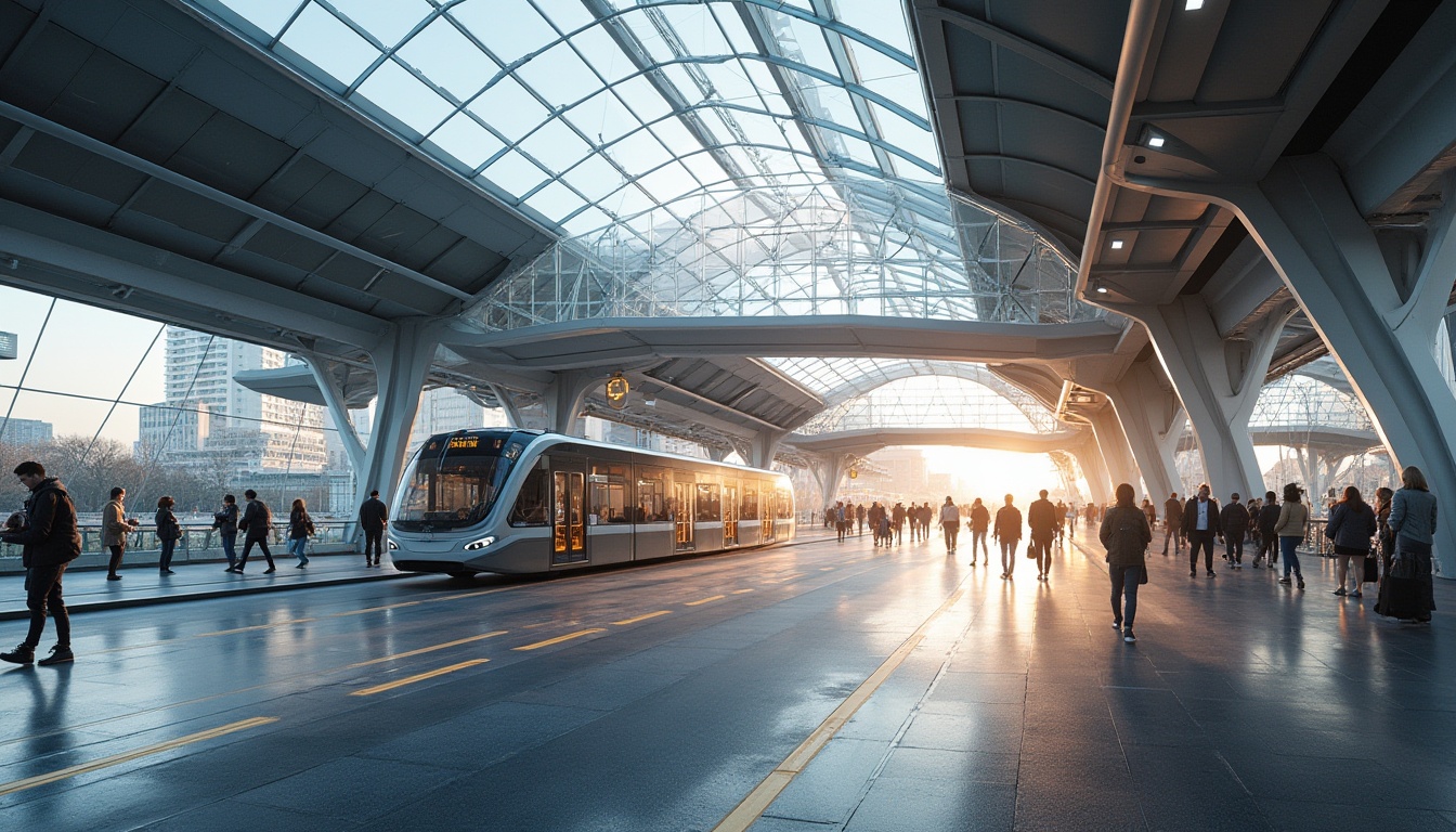 Prompt: Futuristic, modern bus station, steel-framed structure, curved lines, sleek design, large glass windows, transparent roof, natural light, urban setting, cityscape, morning commute, rush hour, people walking, buses arriving, digital displays, LED lights, metallic materials, reflective surfaces, clean architecture, minimalist style, geometric shapes, 3/4 composition, low-angle shot, warm lighting, soft focus.