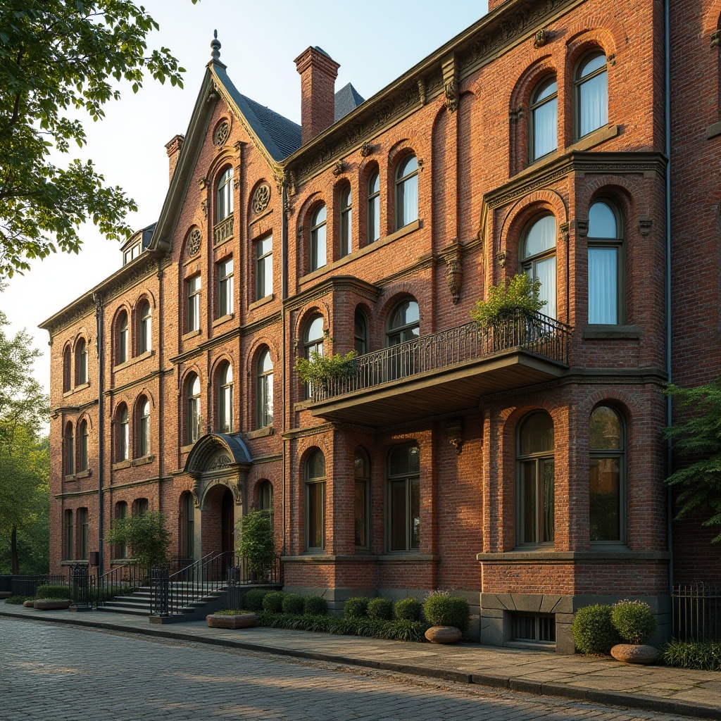 Prompt: Classic brick architecture, vintage building, ornate details, red-brown brick walls, aged texture, intricate carvings, stone foundation, symmetrical facade, grand entrance, arched windows, iron fences, lush greenery surroundings, sunny afternoon, warm lighting, 3/4 composition, shallow depth of field.