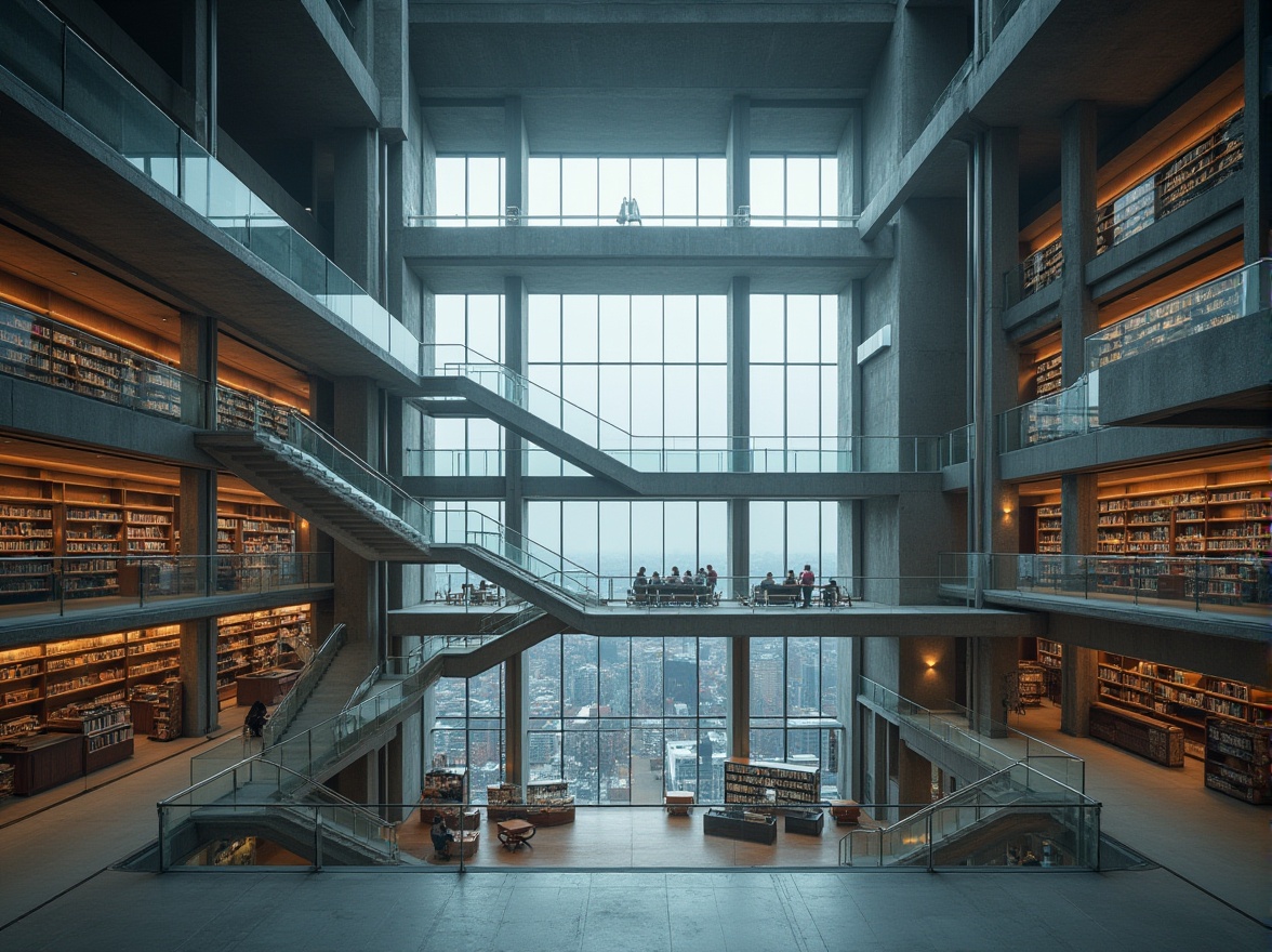 Prompt: Modern library, structuralism style, grand atrium, minimalist interior, natural light pouring in, geometric staircases, cantilevered floors, exposed ductwork, industrial chic, steel beams, concrete columns, glass facades, angular lines, brutalist elements, urban landscape, cityscape background, overcast sky, dramatic lighting, high contrast, cinematic composition, wide-angle lens.