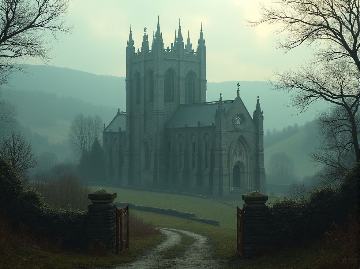 Prompt: Rural landscape, grand Gothic church, intricate stone carvings, stained glass windows, tall spires, mysterious fog, misty morning, rolling hills, green pastures, ancient trees, overgrown bushes, worn dirt path, rusty old gate, creepy atmosphere, warm soft lighting, cinematic composition, 3/4 view, subtle color palette.