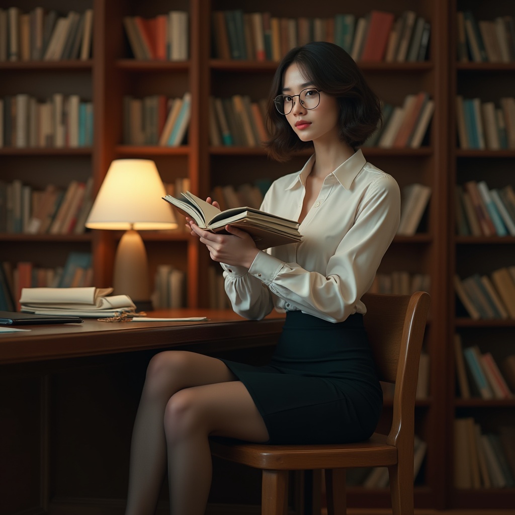 Prompt: Modern, intellectual woman, academic style, elegant outfit, long sleeve blouse, high-waisted pencil skirt, black tights, pointed-toe pumps, classic glasses, neat bob haircut, subtle makeup, soft facial expression, holding a stack of books, sitting at a wooden desk, surrounded by bookshelves, warm lighting, cozy atmosphere, subtle texture on the clothes and furniture, 3/4 composition, slight blur effect in the background, cinematic color tone.