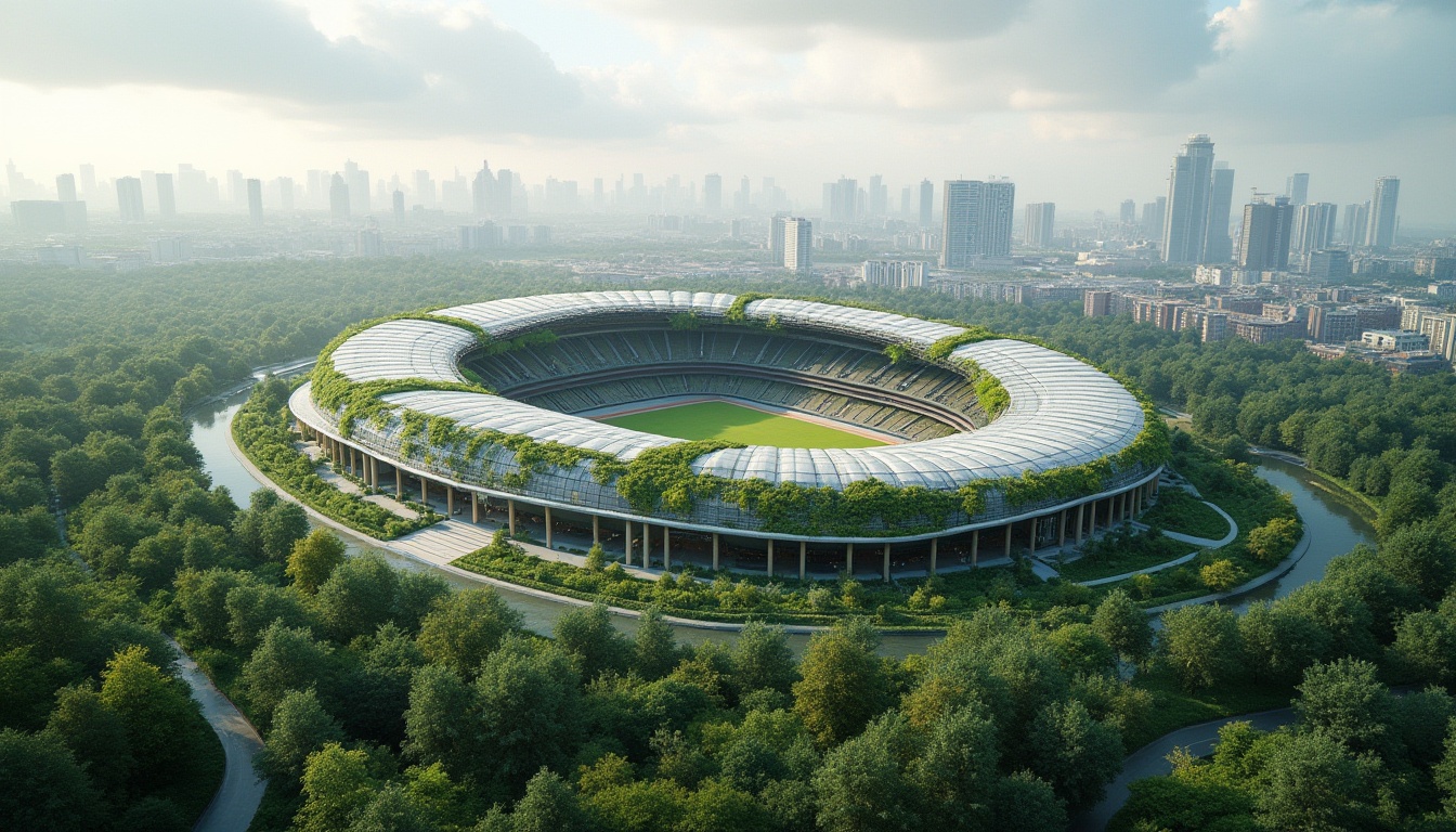 Prompt: Modern stadium, sustainable practices, eco-friendly design, green roof, solar panels, rainwater harvesting system, recyclable materials, minimal waste, natural ventilation, large windows, clerestory, open-air seating area, lush greenery, urban forest, cityscape, daytime, cloudy sky, soft natural light, 3/4 composition, shallow depth of field.