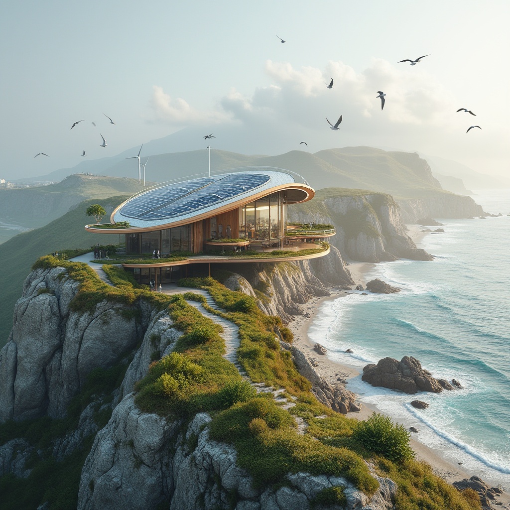 Prompt: Sustainable watching tower, coastal scenery, modern architecture, eco-friendly materials, recycled wood, solar panels, wind turbines, green roof, living walls, ocean view, seaside, sandy beach, rocky shoreline, dramatic cliffs, seagulls flying, gentle sea breeze, soft natural light, atmospheric perspective, 3/4 composition, warm color tone.