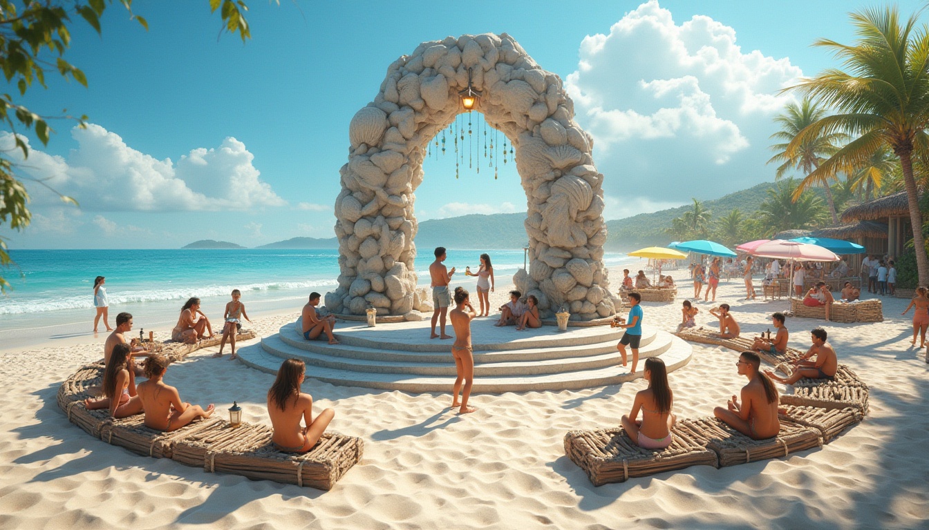 Prompt: Interactive beach scene, sunny day, clear blue sky, gentle sea breeze, waves gently crashing against the shore, a majestic stone monument, intricately carved with seashells, starfish, and other oceanic patterns, surrounded by a circular seating area, made of driftwood, adorned with nautical ropes, lanterns, and seaglass ornaments, people of all ages engaging in lively conversations, laughing and taking photos, some building sandcastles, others playing beach volleyball, a few reading books under colorful umbrellas, a beach bar nearby, serving refreshing cocktails, palm trees swaying gently in the background, warm sunlight casting long shadows, cinematic composition, vibrant colors, shallow depth of field.