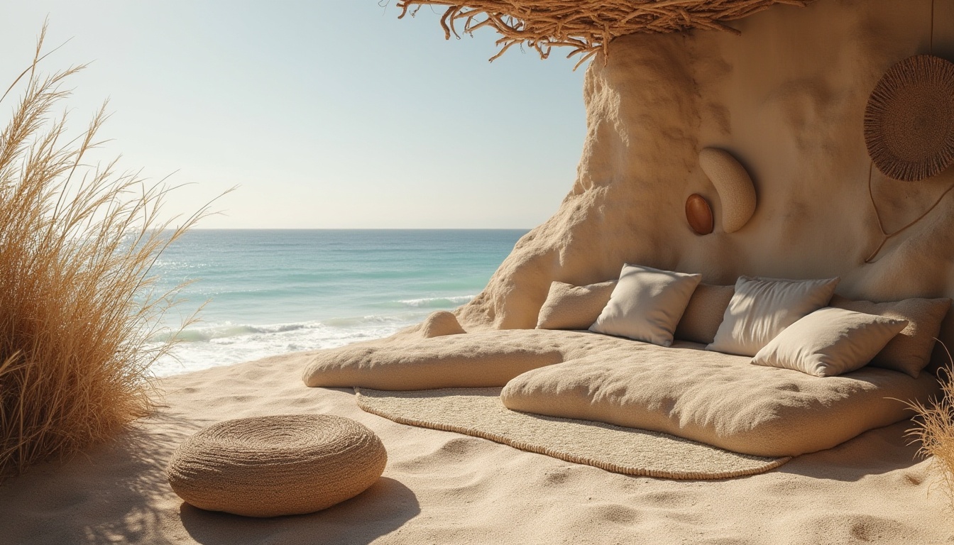 Prompt: Mud material, sustainable, eco-friendly, natural texture, earthy tone, rough surface, irregular shape, coastal design, beachside villa, ocean view, seashell decorations, driftwood furniture, woven sea grass, sandy dunes, seaside plants, morning sunlight, gentle breeze, soft focus, warm color palette.