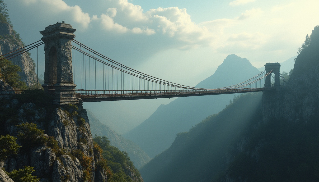 Prompt: Mountain plateau, rugged terrain, steel bridges, suspension cables, stone pillars, rustic wooden railings, misty atmosphere, morning fog, sunlight filtering through clouds, distant mountains, vast landscape, aerial view, 3/4 composition, dramatic lighting, cinematic mood, realistic texture, detailed architecture.