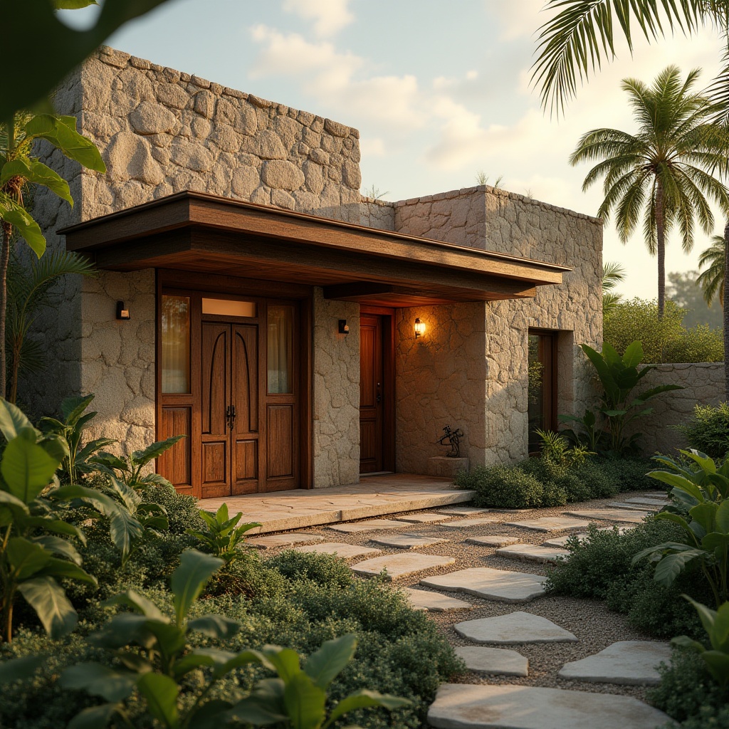 Prompt: Brown stone walls, rustic wooden doors, earthy tone roofs, modern minimalist villa, surrounded by lush greenery, tropical plants, palm trees, warm sunset lighting, 3/4 composition, natural texture, organic structure, earthy atmosphere, serene ambiance, depth of field, cinematic mood, realistic rendering.