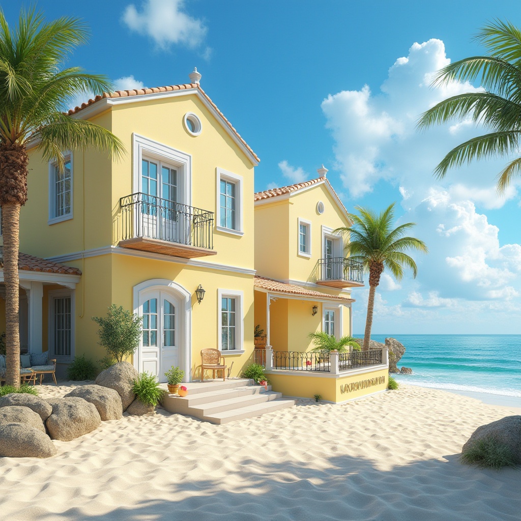 Prompt: Coastal villa, Mediterranean style, light yellow walls, white windows, curved lines, ornate balconies, seaside, clear blue sky, fluffy white clouds, palm trees, beach balls, sandy shore, calm waves, warm sunlight, soft shadows, 3/4 composition, atmospheric perspective, vibrant colors, realistic textures.