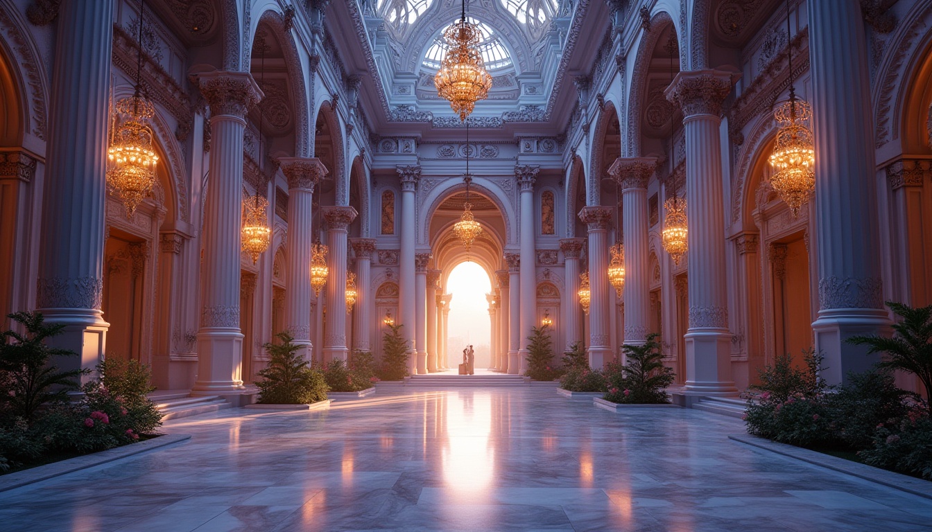 Prompt: Monumental structure, blue violet color scheme, grandiose architecture, intricate carvings, ornate details, majestic entrance, sweeping arches, towering columns, polished marble flooring, velvet drapes, lavish chandeliers, regal atmosphere, soft golden lighting, dramatic shadows, 3/4 composition, low-angle shot, sunset ambiance, warm color palette, historic landmark, city square, vibrant flowers, lush greenery, misty background.