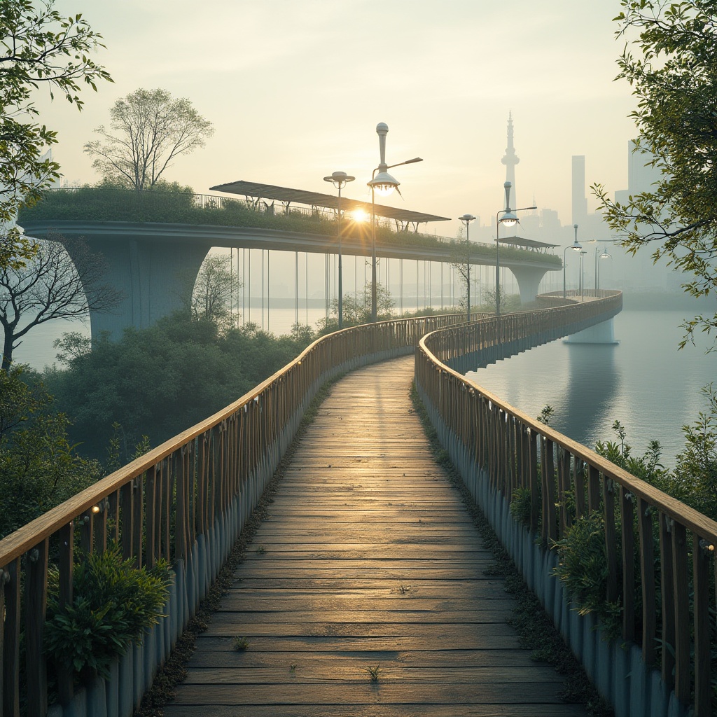 Prompt: Modern pedestrian bridge, sustainable design, eco-friendly materials, recycled steel, FSC certified wood, energy-harvesting LED lights, solar panels integrated into railings, green roofs with lush vegetation, gentle curves, minimalist structure, urban landscape, city skyline, riverbank, misty morning, warm ambient light, cinematic composition, shallow depth of field, vibrant colors.