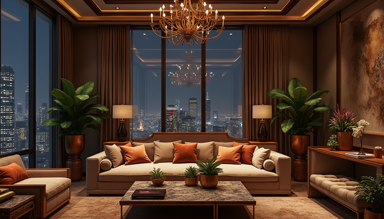 Prompt: Bronze accents, urban eclectic design, luxurious interior, modern skyscraper, high-rise apartment, lavish decorations, intricate patterns, metallic sheen, warm lighting, comfortable sofa, velvet cushions, marble coffee table, exotic plants, abstract artwork, bronze vases, ornate mirrors, floor-to-ceiling windows, cityscape view, nighttime scene, soft focus, cinematic composition.