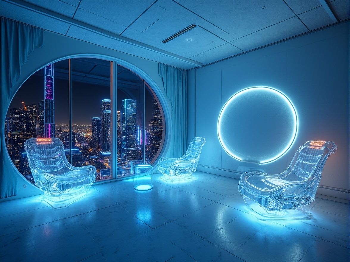 Prompt: Futuristic, sleek, modern interior design, innovative use of plastic materials, translucent chairs, glowing LED lights, abstract shapes, geometric patterns, neon-lit cityscape outside the window, urban skyscraper, 3/4 composition, low-angle shot, dramatic lighting, bold color scheme, minimalist aesthetic, reflective surfaces, metallic accents, avant-garde furniture, curvaceous lines, experimental architecture.