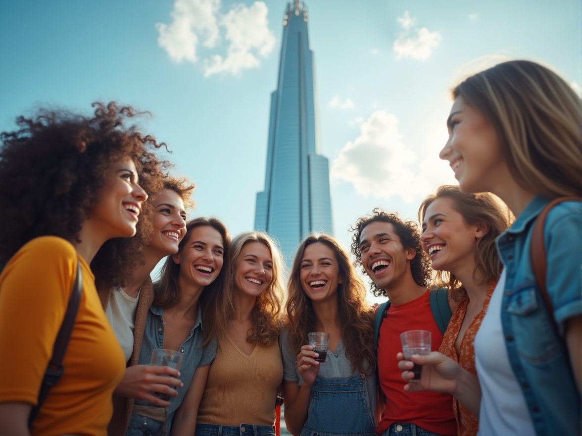 Prompt: A group of friends, diverse age range, casual wear, vibrant colors, smiling faces, gathered around, socializing, laughing, chatting, taking selfies, in front of a modern skyscraper, glass and steel structure, urban cityscape, daytime, clear blue sky, fluffy white clouds, sun shining down, warm lighting, 3/4 composition, shallow depth of field, blurred background, realistic texture, cinematic ambiance.