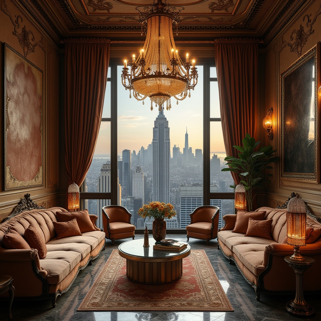 Prompt: Urban eclectic design, bronze accents, luxurious, ornate, vintage, antique, distressed texture, metallic sheen, intricate patterns, ornamental details, grandiose chandeliers, lavish furniture, opulent fabrics, velvet drapes, marble floors, high ceilings, cityscape view, skyscraper backdrop, warm golden lighting, dramatic shadows, cinematic composition.