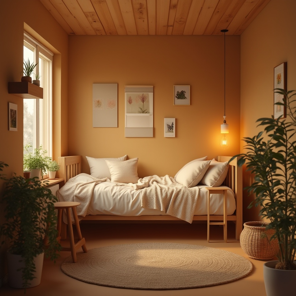 Prompt: Cozy dorm interior, warm amber color scheme, wooden furniture, soft cushions, gentle lighting, comfortable bedding, minimalist decor, simple desk lamp, woven basket, potted plants, natural textiles, earthy tone walls, rustic wood accents, calm atmosphere, relaxed composition, inviting ambiance, soft focus, warm glow.