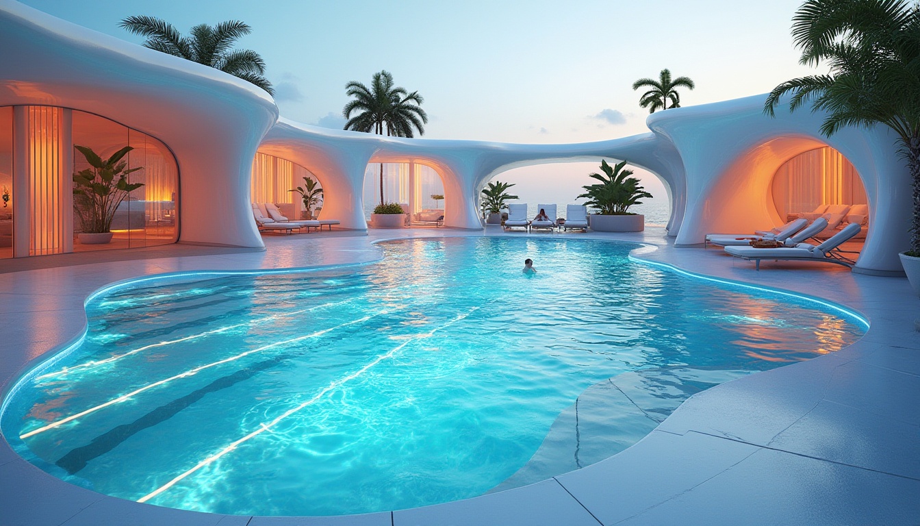 Prompt: Modern swimming pool, futuristic design, plastic materials used for unique shapes, curves and lines, iridescent colors, glow-in-the-dark accents, neon lights reflecting off water surface, sleek lounge chairs, minimalist deck, tropical plants surrounding the area, warm sunny day, cloudless sky, subtle waves on the water's surface, shallow end with stairs, deep end with diving board, swimmer in motion, water splashing, sunlight refracting through the water.